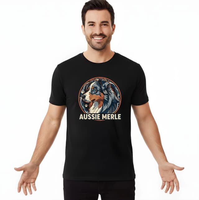 Férfi póló Aussie Merle Royal mintával, kék szemű juhászkutya portréja retró grafikus stílusban