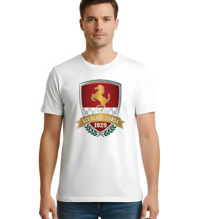 Férfi póló Red Racing Shield Scuderia Corsa 1929 Gold Prancing Horse And Laurel